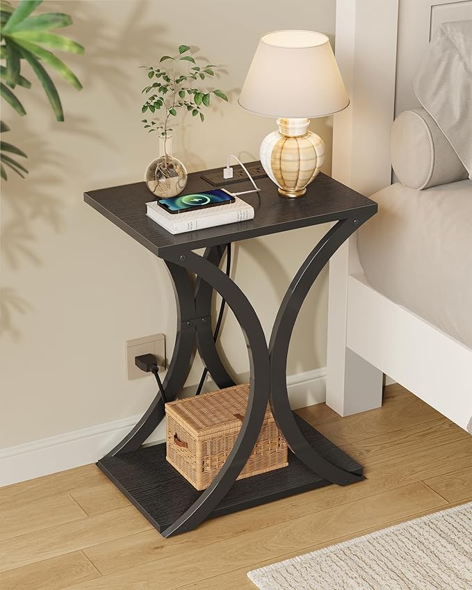 End Table with Charging Station, 2-Tier Modern Side Table, Nightstand with Storage Shelf, for Small Spaces, for Bedroom, Living Room, Home Office, Black TBZ20UBB
