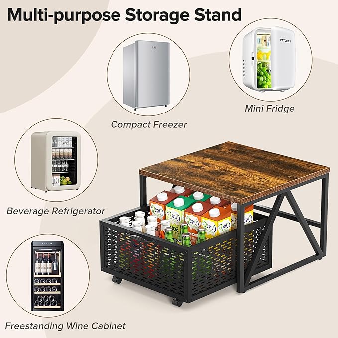 Urban Deco Mini Fridge Stand with Storage, Heavy Duty Fridge Cart with Drawer Basket, Mini Refrigerator Table for 220 LBS, Mobile Fridge Stand with Swivel Wheels for Dorm,Office,Home, Retro Brown