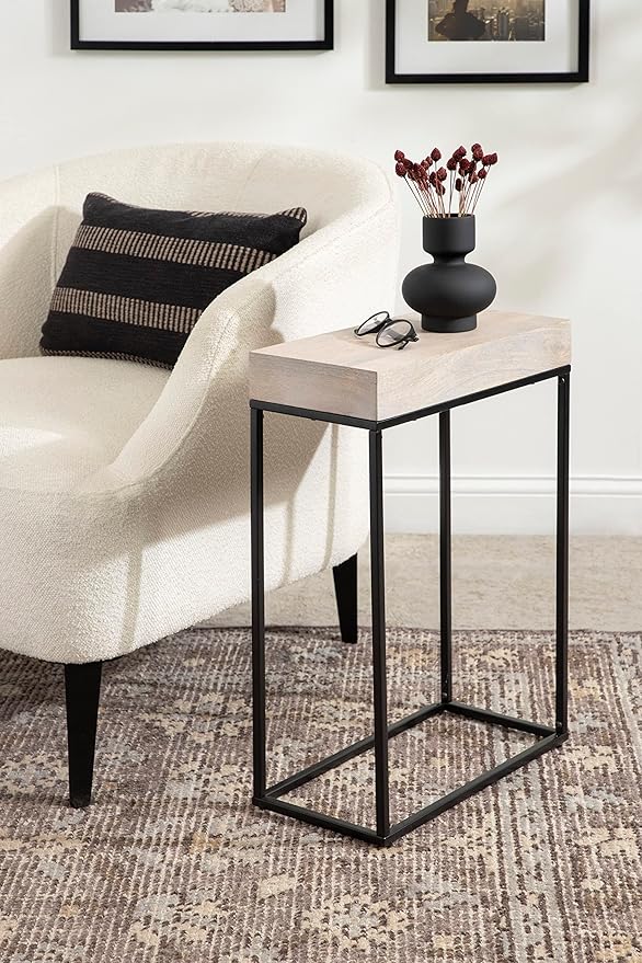 Kate and Laurel Karlsen Wood and Metal Narrow Side Table; 16 x 24 x 8; Whitewash and Black; Modern Transitional Slim Nightstand with Mixed Materials Design
