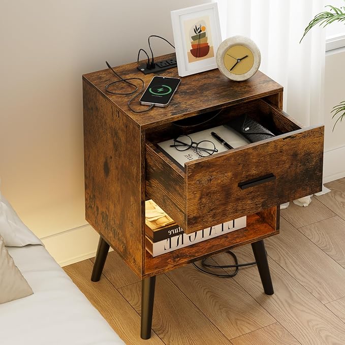 Nightstand with Charging Station and LED Lights, Small Side Table, Bedside Table with Drawer, Modern Night Stand, End Table for Bedroom, Living Room (Rustic Brown)