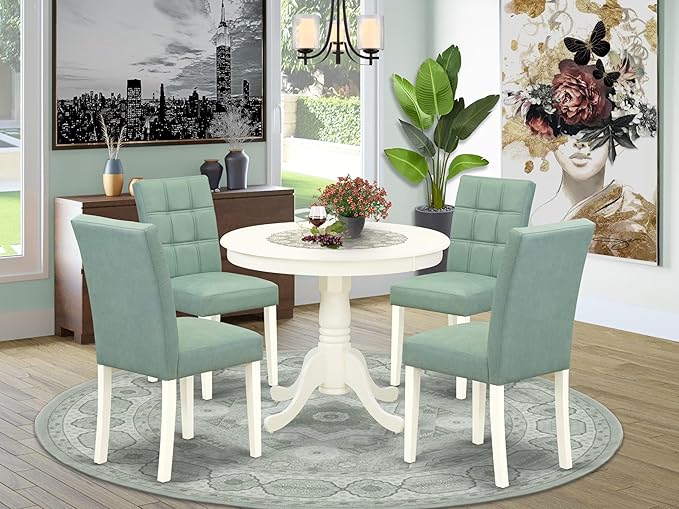 East West Furniture ANAS5-LWH-43 5 Piece Dinner Table Set contain A Wooden Table and 4 Willow Green Polyester Fabric Kitchen Chairs with Stylish Back- Linen White Finish