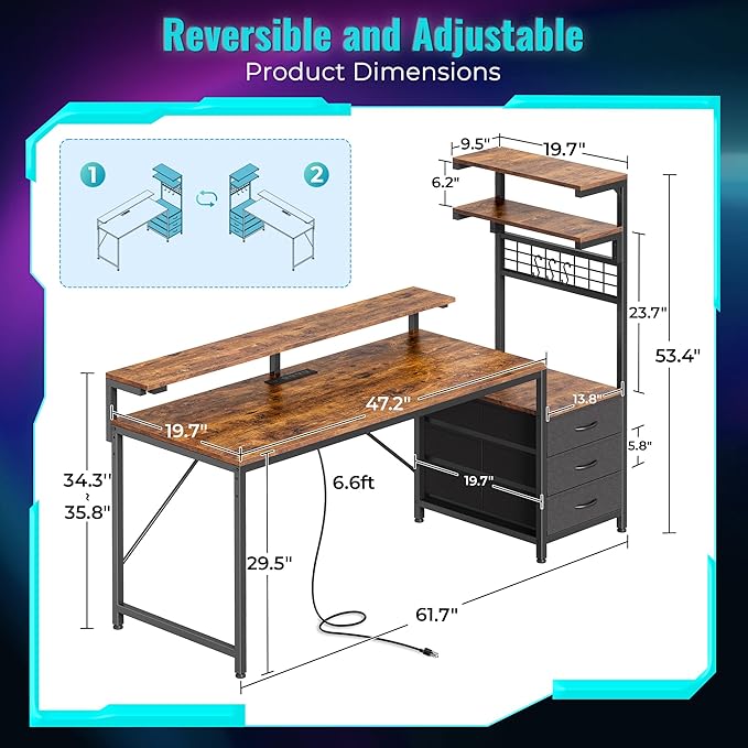 PRAISUN 61.7" Gaming Desk with LED Lights & Outlets, Computer Desk with 3 Fabric Drawers, PC Desk with PC Case Stand & Movable Storage Shelves, Monitor Stand, Reversible, Rustic Brown