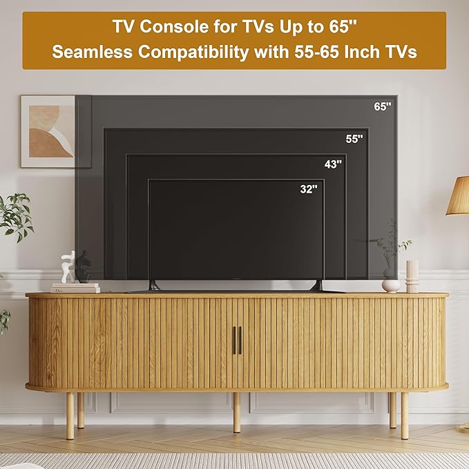 70.1" TV Stand, Modern TV Console Table with Storage Compartment and Sliding Door, Gaming Entertainment Center with Cabinet for Living Room, Bedroom, Office, Oak