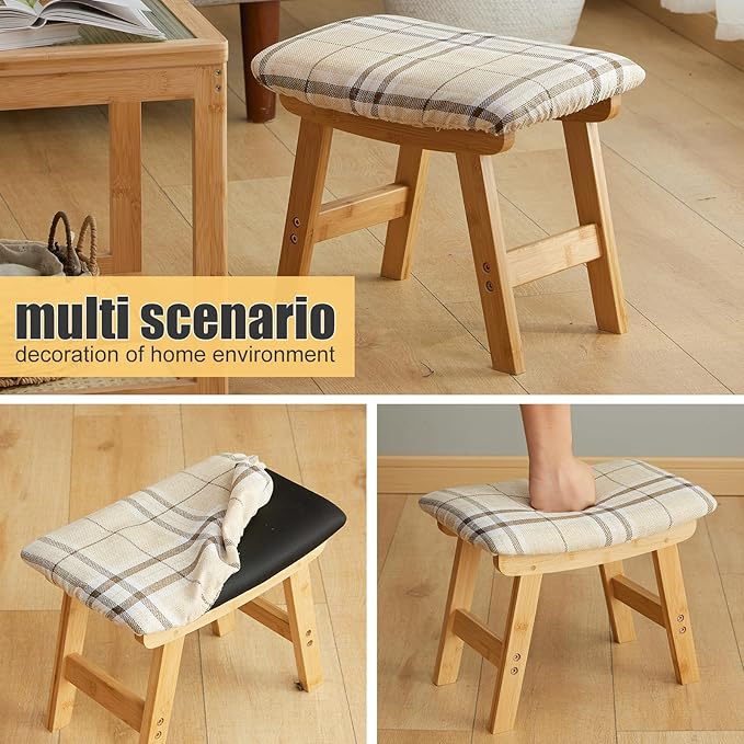 Foot Stool Ottoman Foot Rest Under Desk,Small Stool for Living Room, Bedroom and Kitchen (Natural Legs - Stripes Stool Surface)