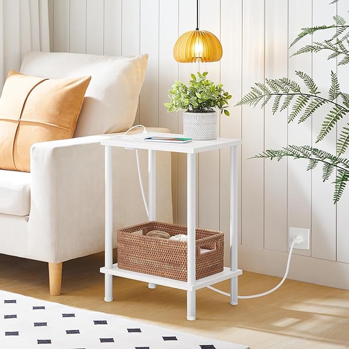 HOOBRO Side Table with Charging Station, End Table with USB Ports and Outlets, Nightstand with 2-Layer Storage Shelves for Small Spaces, Living Room, Bedroom, White WW09UBZ01