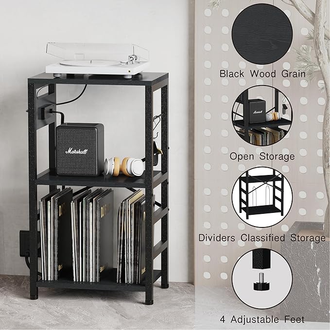 End Table with LED Light,Record Player Stand with Charging Station,Vinyl Records Storage,Turntable Stand Albums Storage for Music Room Studio-Industry Black