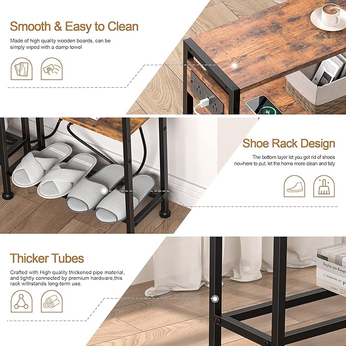 Small Narrow Side Table with Charging Station, Skinny End Table for Small Spaces, Slim Nightstand with Outlets, Sofa Bedside Table in Living Room, Bedroom, Study, Kitchen and Balcony (Rustic Brown)