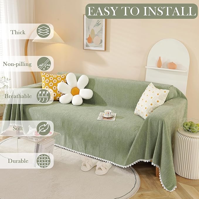 HANDONTIME Couch Cover, Sofa Covers, Sage Couch Cushion Cover Dog Furniture Protector for Living Room Chenille Couch Throw Cover Soft Thick Machine Washable Throw Blankets Sofa Slipcovers, 71" X150"