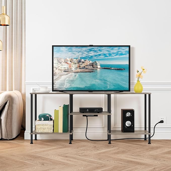 BTY Farmhouse TV Stand with Storage Industrial TV Console with Power Outlet, 45 Inch Wooden TV Entertainment Cente for Living Room, Bedroom, Small Space, Grey