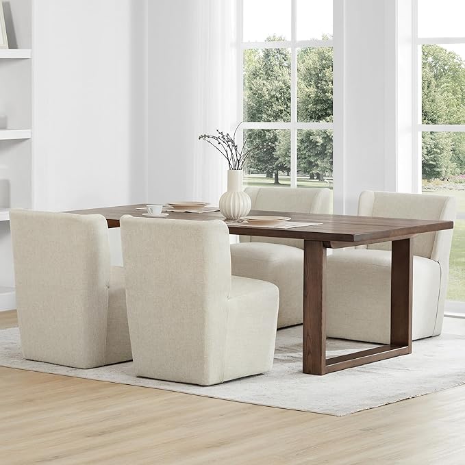 Upholstered Dining Chair with Casters Wingback Modern Side Armless Deskchair with Rollers for Diningroom Bedroom Livingroom Reading Room,Cream Beige,4 Box