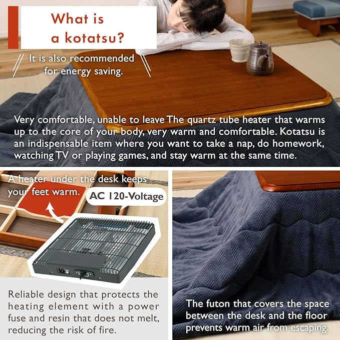 PaletteLife Japanese Heated Table (41x29in- Wooden Chabudai Furniture with 120V Electric Heater - Low-Lying Dining and Work Desk with Temperature Control Knob Casual kotatsu
