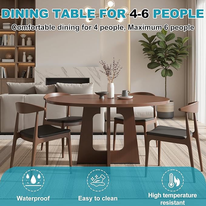 47" Round Dining Table for 4-6, Modern Small Dinner Table Farmhouse Round Kitchen Tables with Wood Grain Finish for Dining Room, Kitchen, Living Room, Walnut Brown