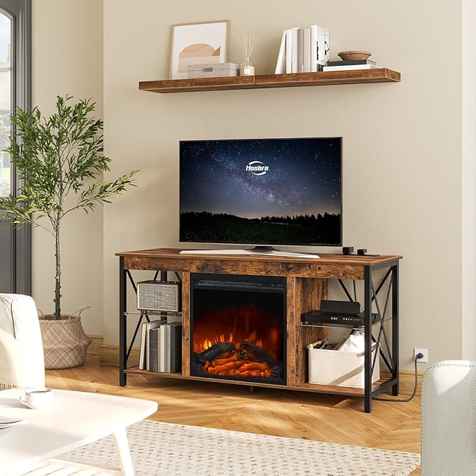 HOOBRO Fireplace TV Stand with Charging Station and LED Lights, TV Stand with Fireplace for TVs up to 55", Entertainment Center with Fireplace, Glass Shelves, Rustic Brown and Black BF120UDDS01