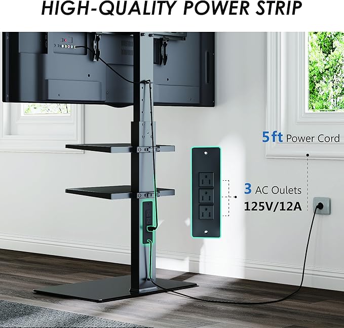 FITUEYES Floor TV Stand for 32-75 inch TV with Power Outlet, Tall TV Mount for Bedroom Living Room with Tempered Glass Base, TV Stand with Mount Holds Up to 88lbs MAX VESA 600x400mm,Black