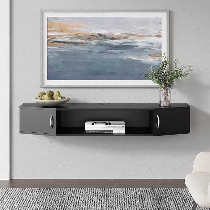 FITUEYES Floating TV Stand Wall Mounted TV Shelf with Door Wood Media Console Entertainment Center Under TV Floating Cabinet Desk Storage Hutch for Home and Office Black