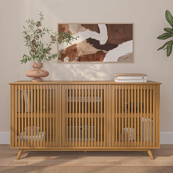 Plank+Beam Mid-Century Modern Wood TV Stand, Three Door Solid Wood Entertainment Console with Storage, 59" L x 16" W x 30" H, Pecan