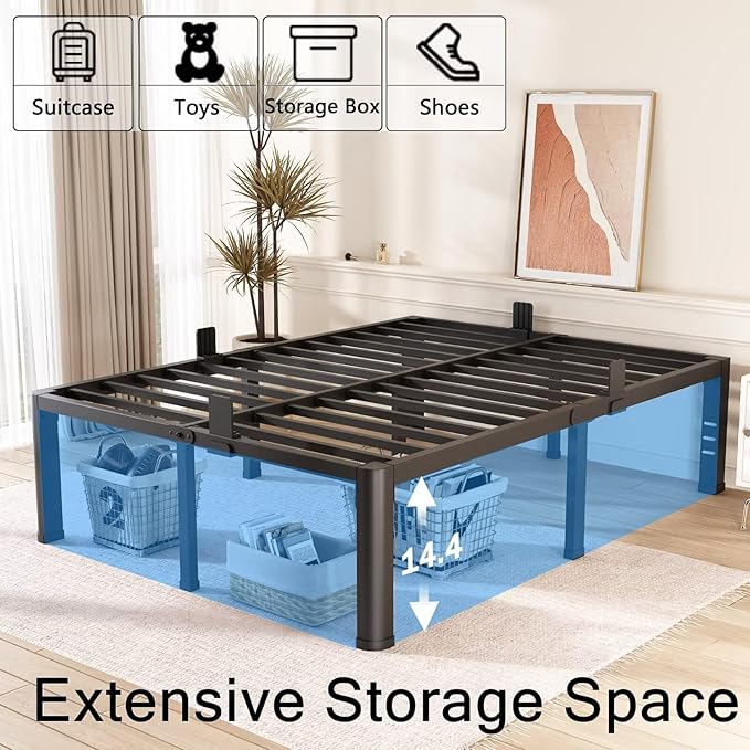 16 Inch California King Bed Frame with Rounded Corner and Headboard Hole Mattress Retainers 3500 LBS Metal Heavy Duty Steel Slats Support No Box Spring Needed Platform Noise Free Easy Assembly