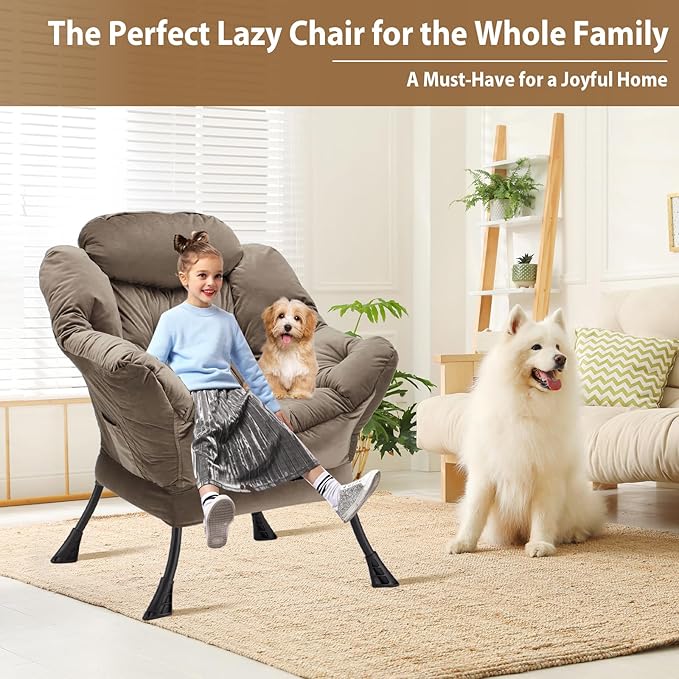 Lazy Chair Thick Padded, Comfy Velvet Accent Lounge Chair with Stable Frame, Leisure Sofa Armchair with Armrests and Side Pocket, Reading Chair for Bedroom, Living Room, Office, Dark Gray