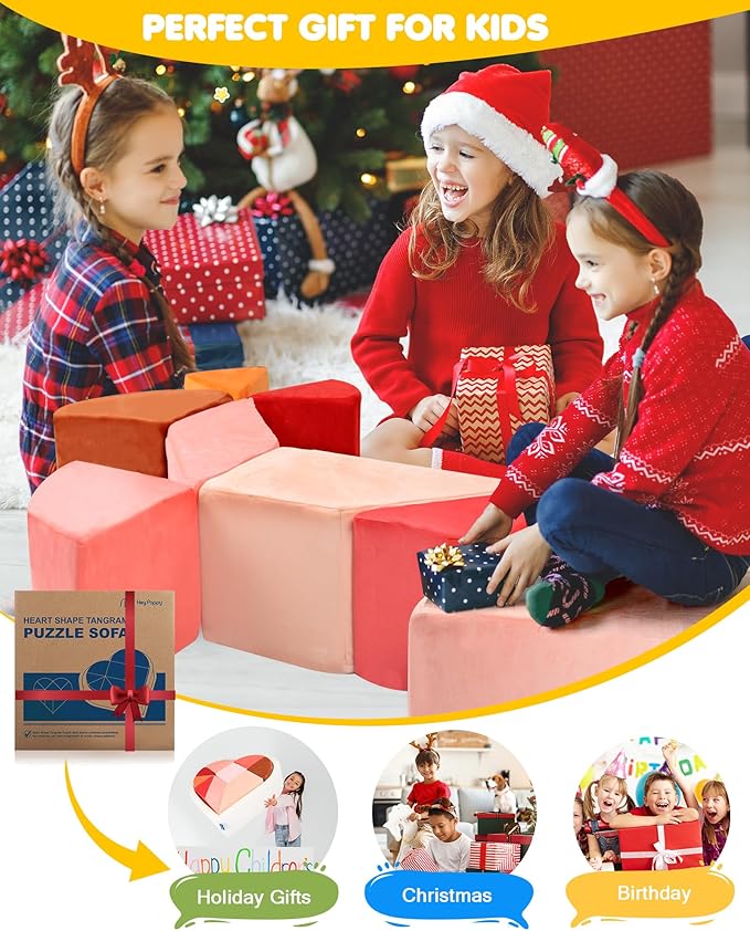 Kids Play Couch, 2-in-1 Heart-Shape Kids Plays Sofa with Unique Ball Pit(no Balls Included), Tangram Puzzle Play Couch for Playroom, Modular Play Sofa for Inspiring Creativity, Glow