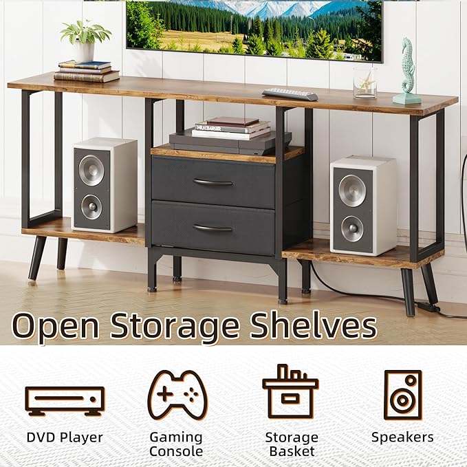 Small TV Stand with Fabric Drawers/LED Light for 55 inch TV, Entertainment Center with Storage Open Shelves，Media Console Table for Living Room, Bedroom, Rustic Brown