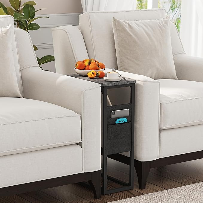 TUTOTAK C Shaped End Table, Side Table for Couch, Sofa Table with Storage Bag, TV Tray for Living Room, Bedroom, Charcoal Grey TB01BY082