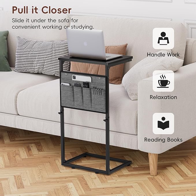 Vagusicc C Shaped End Table, Set of 2 Tall Side Table for Couch, Adjustable Height Small Couch Side Table for Small Spaces, End Table Slide Under Sofa Table TV Tray Arm Table for Living Room, Black