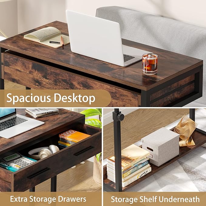 Tribesigns Portable Desk with Drawers, Mobile Laptop Desk with Wheels, Sofa Side Table Small Portable Standing Rolling Table for Home Office