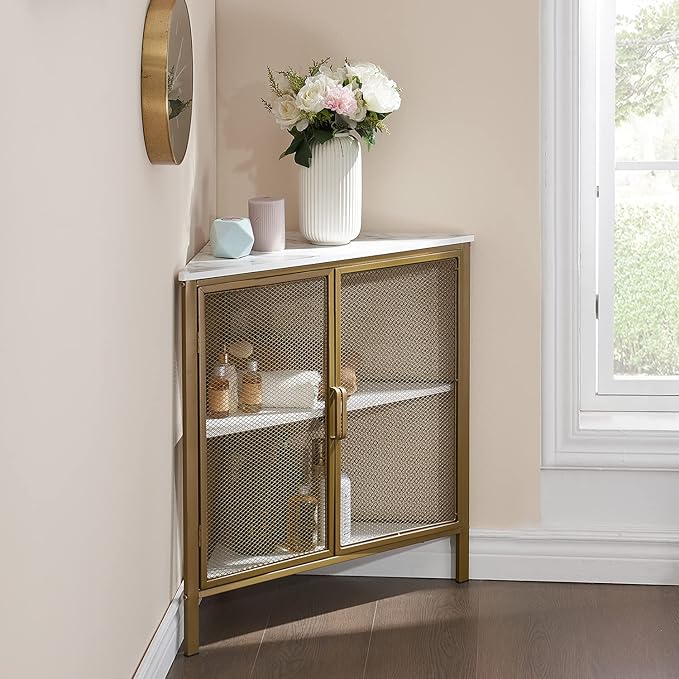VECELO Corner Cabinet/Table, 3-Tier Shelves with Protection Door, Metal Frame Storage Shelf Organizer for Small Space, Living Room, Kitchen, Bathroom, Set of 1, Gold