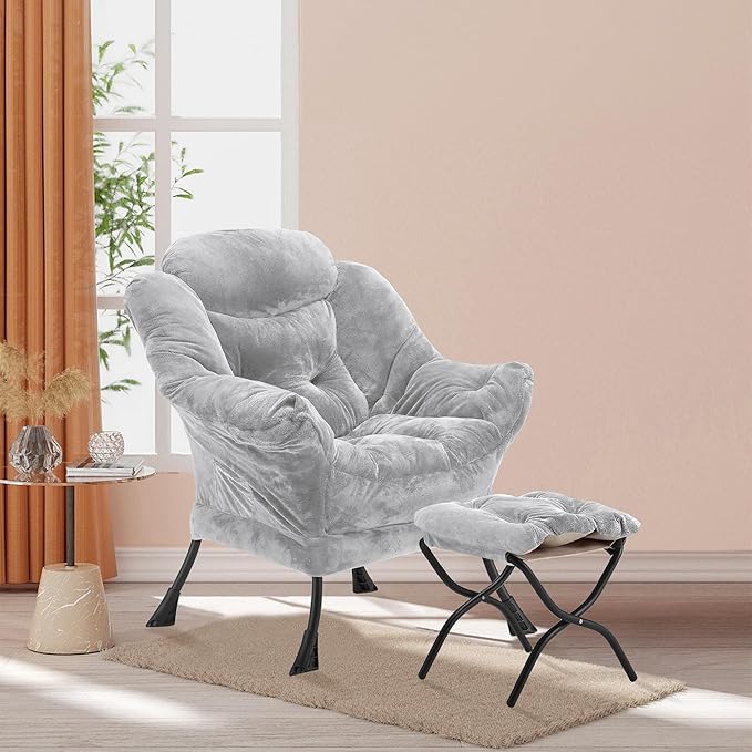 Lazy Chair with Folding Ottoman, Accent Chair Plush Upholstered with Metal Structure and Non-Slip Pads, Sofa Armchair with Footrest and Side Storage Bag for Dorm, Room, Office, Light Gray