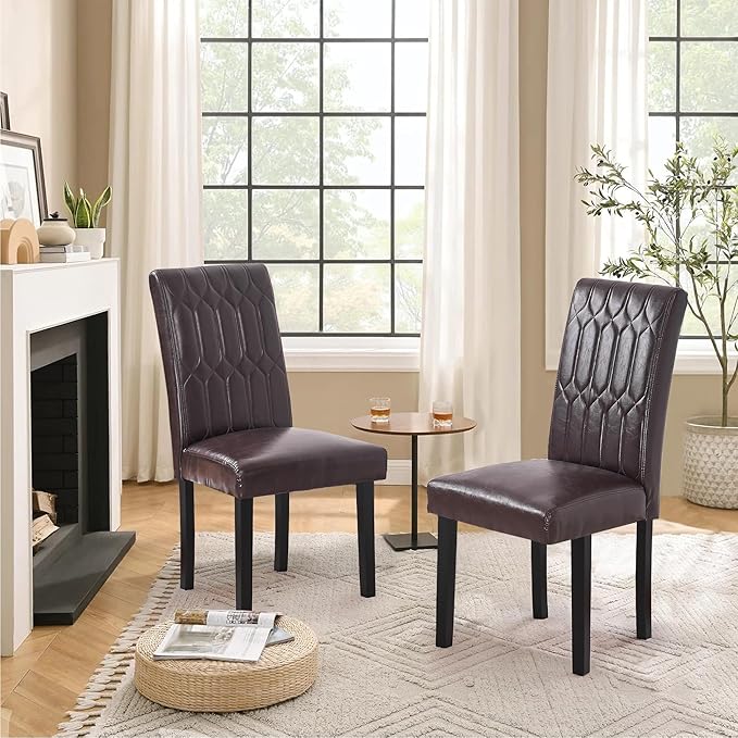 VECELO Upholstered Dining Chairs Set of 2, Modern PU Leather Accent Parsons, Solid Wood Legs w/Rubber Footpads, for Living Room Kitchen, Coffee