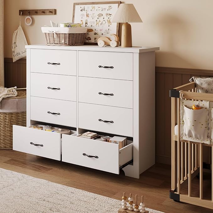 LINSY HOME 8 Drawers Dresser for Bedroom, 47" Wide Rustic Wood Dressers & Chests of Drawers, 40" Tall Modern Storage Dresser with Antique Handles for Closet, Living Room, Hallway, White