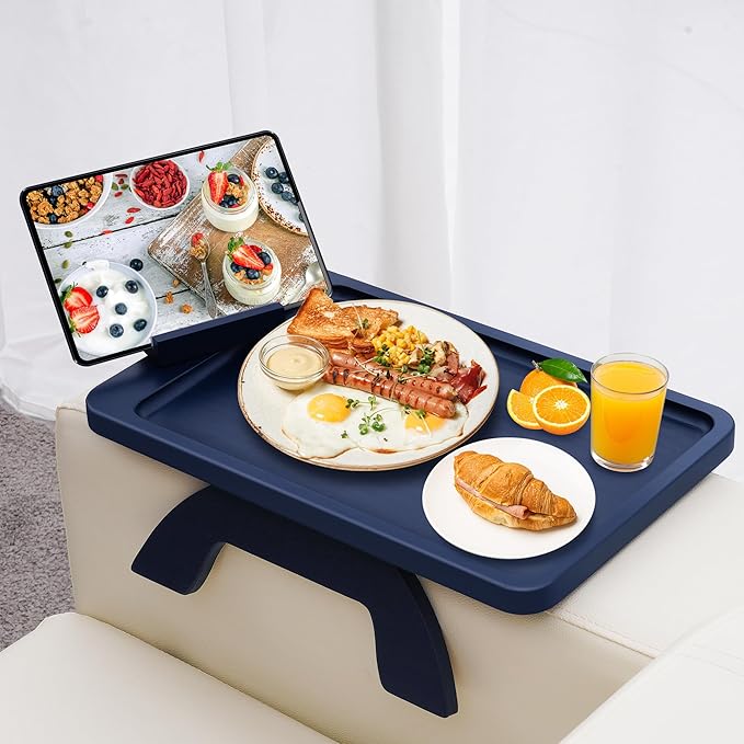 SINWANT Couch Armrest Table, Bamboo Couch Arm Table 360° Phone Holder,Foldable Sofa Arm Tray for Eating Drinking Snacks Remote on Chair Armrest