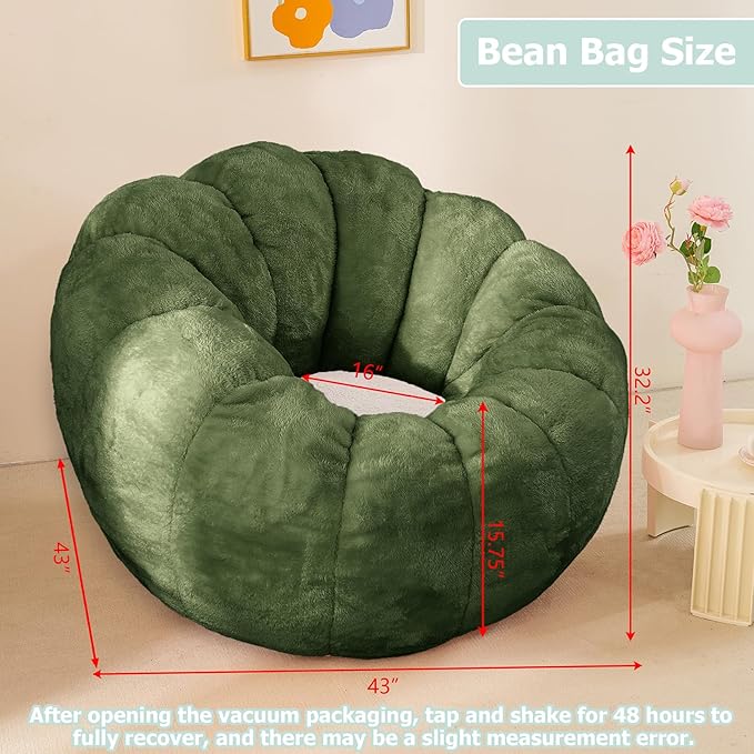 Pumpkin Bean Bag Sofa Chair for Adult, Beanbag Couch with Filler for Reading and Relaxation, Comfy and Lazy Sofa for Dorm, Apartment, Living Room and Bedroom, Dark Green