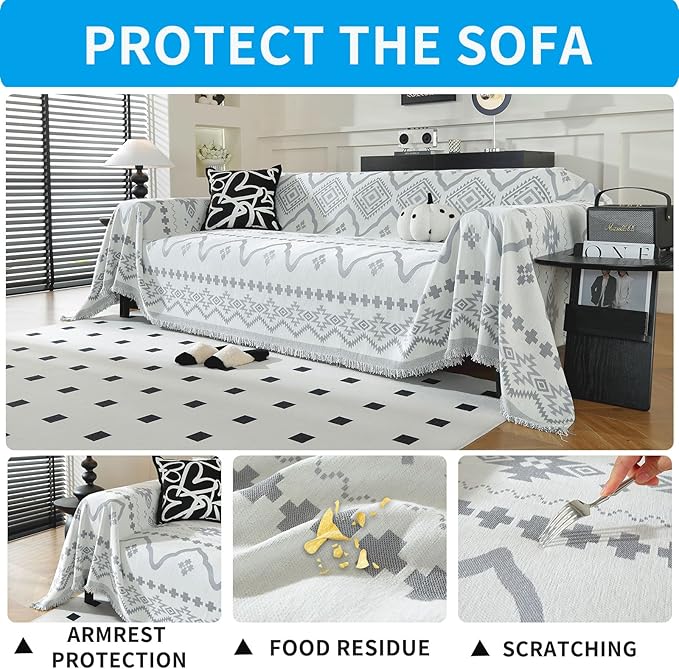 LUFEIJIASHI Boho Couch Covers for Sofa Non Slip Sofa Covers Washable Couch Covers for 3 Cushion Couch Sofa Pet Friendly Sectional Couch Cover Blanket Furniture Protector for Dogs (Grey, 91"x134")