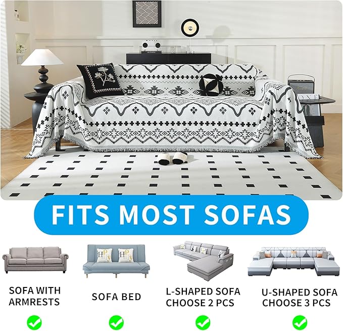 LUFEIJIASHI Boho Couch Covers for Sofa Non Slip Sofa Covers Washable Couch Covers for 3 Cushion Couch Sofa Pet Friendly Sectional Couch Cover Blanket Furniture Protector for Dogs (Black, 91"x150")