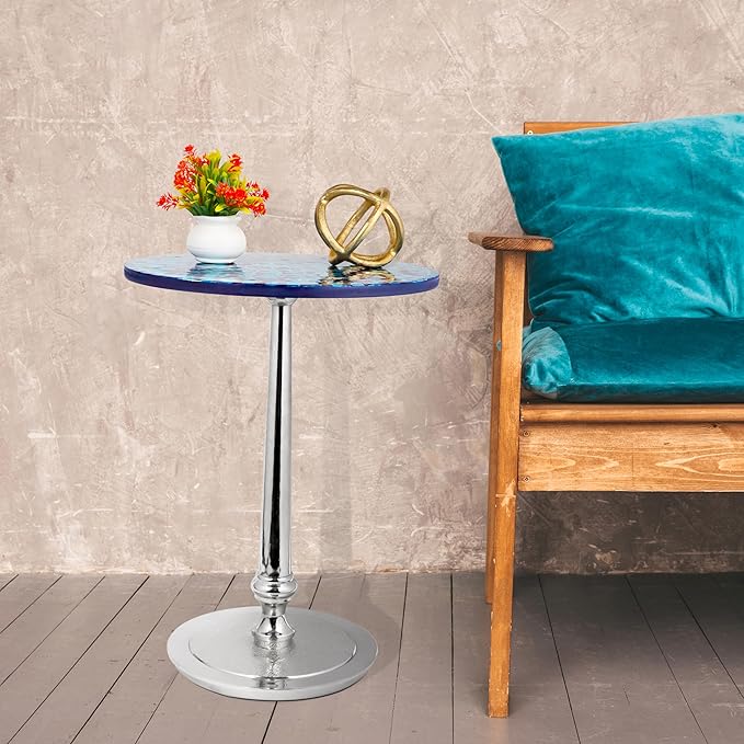 CLEENTABLE Mosaic Round End Table for Living Room & Bedroom - Artistic Coffee Side Table with Polished Aluminum Legs, Enamel-Coated Top, Lightweight Design, Easy Assembly (Blue Silver)