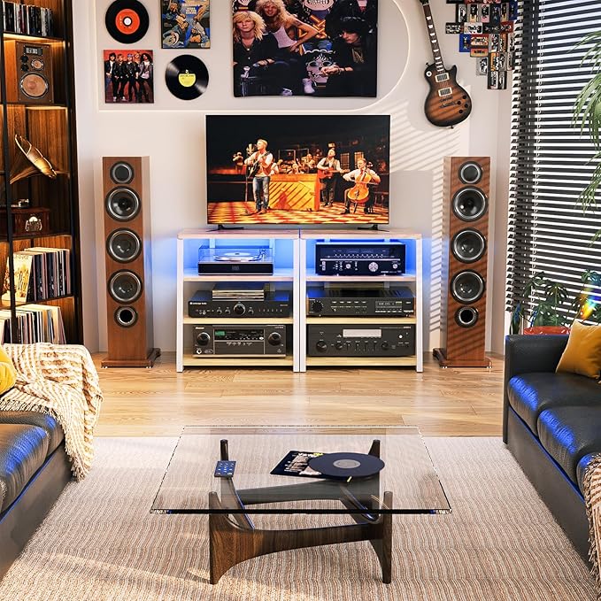 AV Media Stand with Outlets, Media Console with LED Lights, Stereo Racks and Stands with Storage Shelves, Media Audio Tower Cabinet, Natural Oak and White