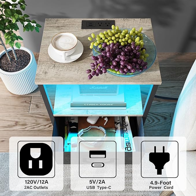TUTOTAK LED End Table with Charging Station, Nightstand with Cloth Drawer, Side Table with 1 USB Port and 1 Type-C Port, Set of 2, Couch Table, Greige TB01BG052L