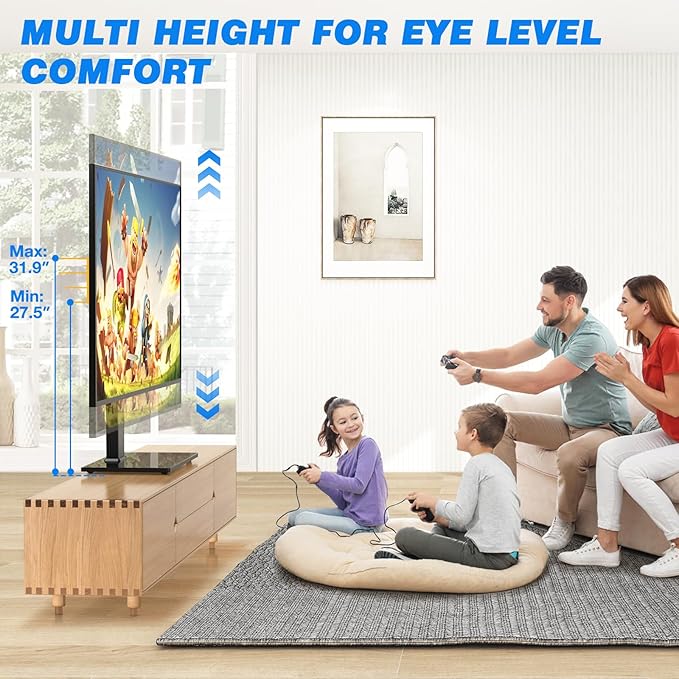 Rfiver Universal Swivel Table Top TV Stand for 37 to 65, 70 75 inch TVs, Height Adjustable Table Top TV Stand Mount with Tilt, Heavy Duty TV Replacement Stand with Tempered Glass Base Up to 110lbs