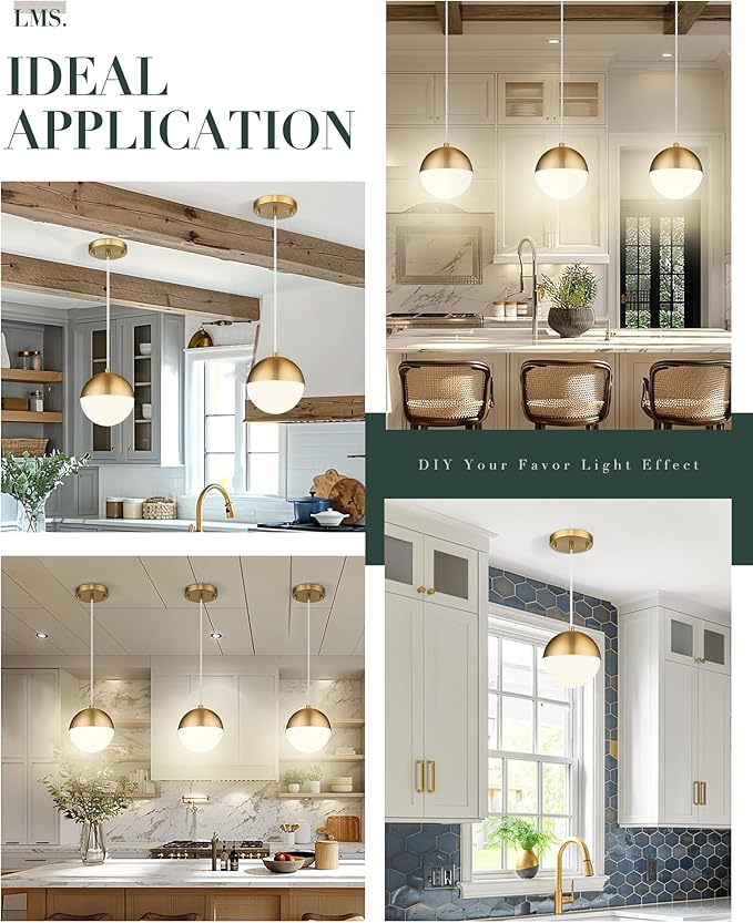 LMS Mid Century Pendant Lights, Brushed Gold Kitchen Island Light Fixtures with White Globe Glass Shade, Adjustable Hanging Cord, 3-Pack for Home Office Dining Room Bathroom, LMS-186PL-BGWS3PK