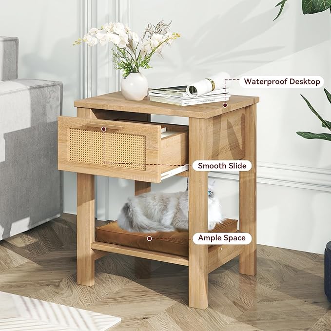 IBUYKE Rattan Nightstand Set of 2, Boho Night Stand with Drawer, Wood Bedside Tables with Storage Shelf, End Table with Legs for Bedroom, Natural UWNS011N-2