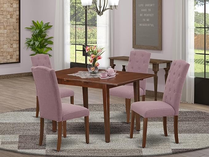 East West Furniture NOCE5-MAH-10 5 Piece Kitchen Table Set Includes a Rectangle Dining Room Table with Butterfly Leaf and 4 Dahlia Linen Fabric Upholstered Chairs, 32x54 Inch, Mahogany