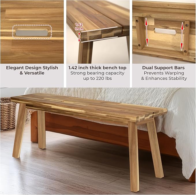 Bench 100% Solid Acacia Wood, Backless, Wax Galvanized Finish, Easy Assembly, End Table Wooden Bench Furniture for Plant, Dining Room, Entryway, Indoor (47 inches)