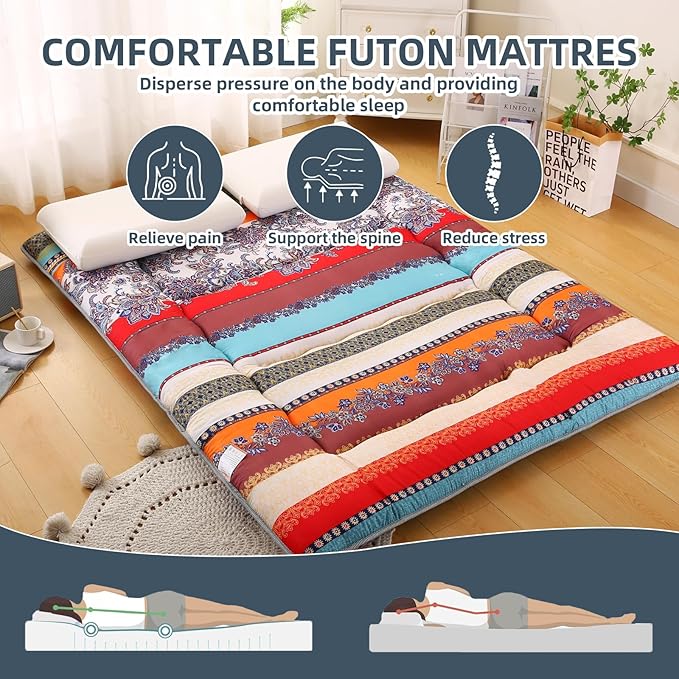 Bohemian Retro Japanese Floor Mattress, Vintage Floral Tatami Floor Mat, Portable Roll up Futon Mattress for Guest,Tavel (B,Full 80" X 47")