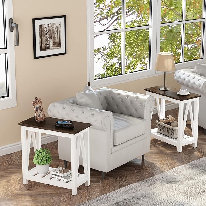 ChooChoo Farmhouse End Table, Narrow Side Table, Slim End Table with Storage Shelf for Small Spaces, Rustic Nightstand, for Living Room, Bedroom White