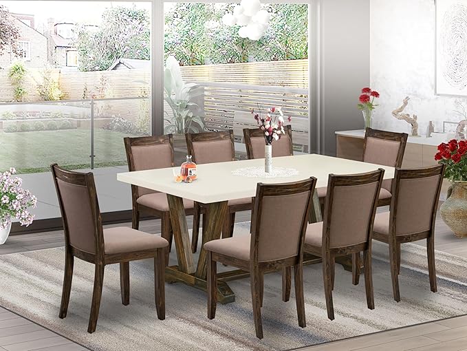 East West Furniture V727MZ748-9 9 Piece Dining Room Furniture Set Includes a Rectangle Dining Table with V-Legs and 8 Coffee Linen Fabric Parsons Chairs, 40x72 Inch, Multi-Color