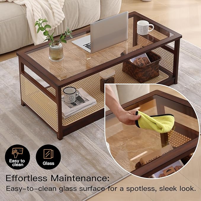 Welnow Rattan Coffee Tables for Living Room, Modern 2-Tier Coffee Table, Mid Century Rectangle Coffee Table with Storage Shelf & Glass Top, Large Boho Center Table for Apartment, Walnut