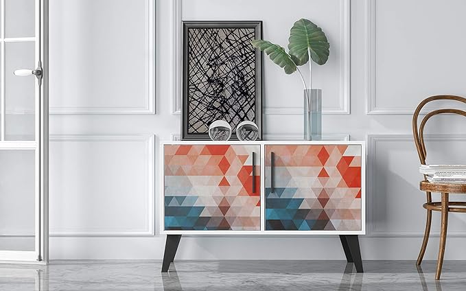 Manhattan Comfort Amsterdam Double Door Side Table with 3 Shelves, 35.43" Wide Storage Cabinet or TV Stand, Mid Century Modern Accent Furniture, Red/Blue