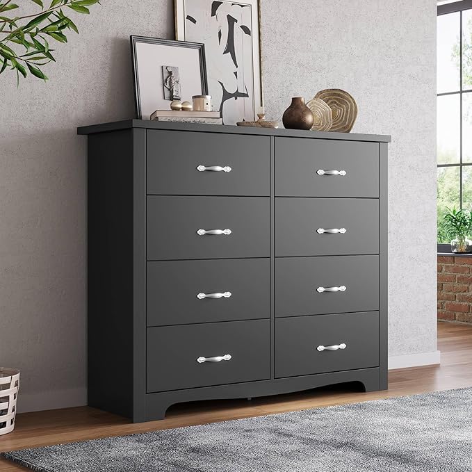 LINSY HOME 8 Drawers Dresser for Bedroom, 47" Wide Rustic Wood Dressers & Chests of Drawers, 40" Tall Modern Storage Dresser with Antique Handles for Closet, Living Room, Hallway, Black