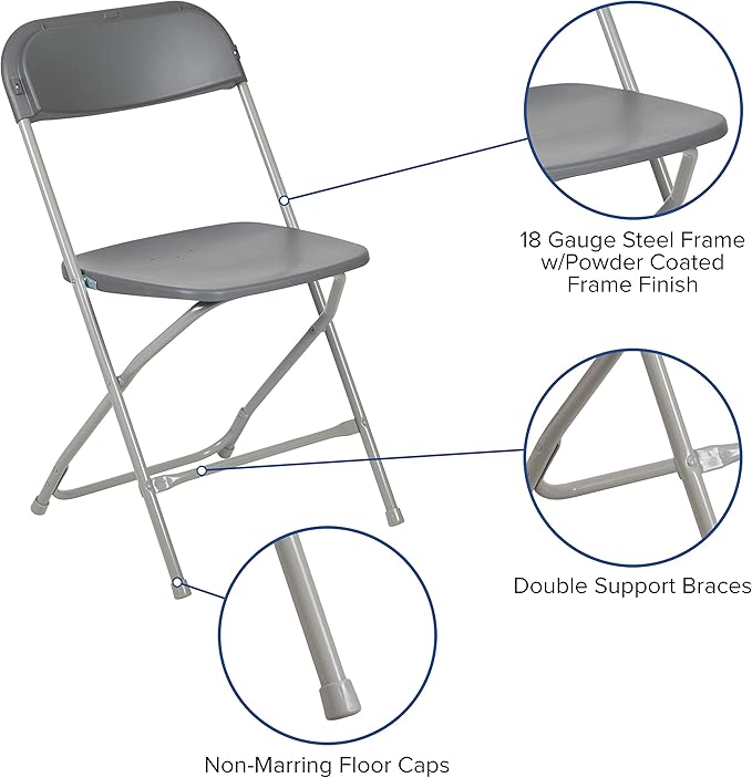 Flash Furniture Hercules Series Plastic Folding Chair - Grey - 650LB Weight Capacity Comfortable Event Chair - Lightweight Folding Chair